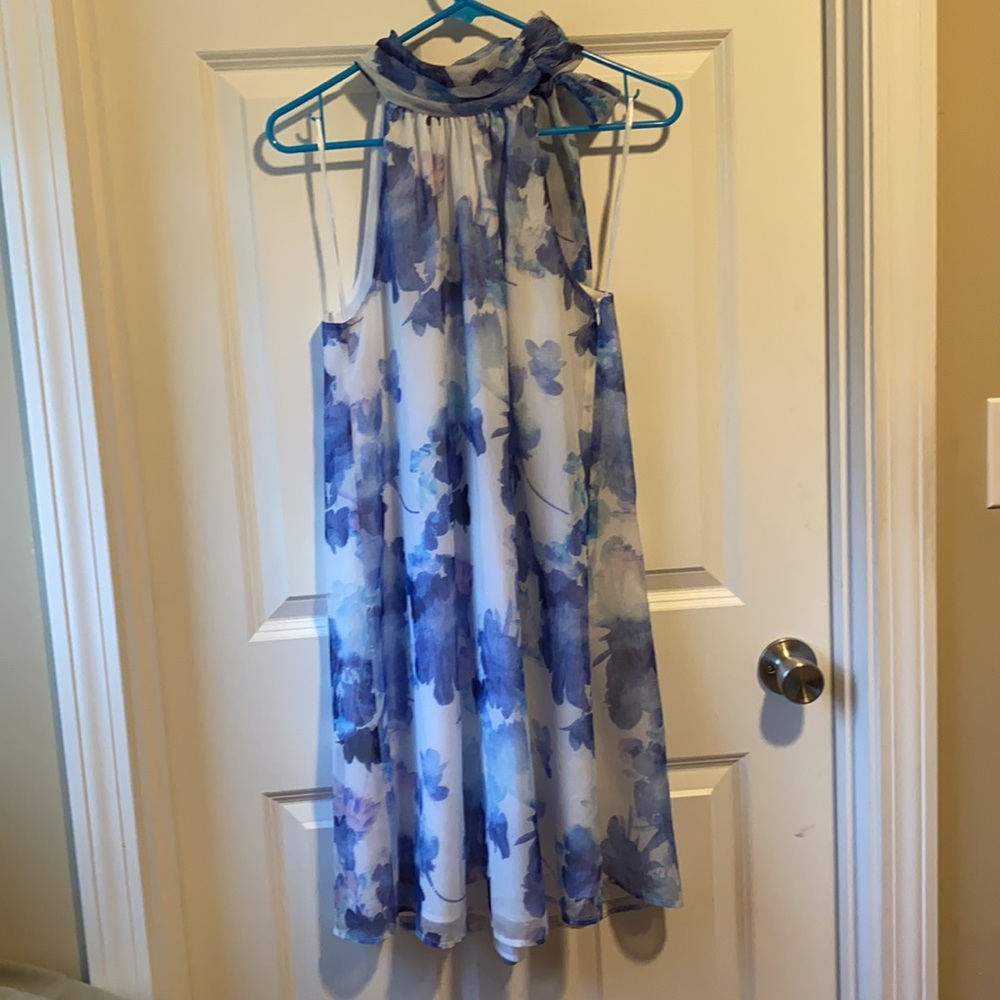 Blue purple floral chiffon mini dress halter 6 - Picture 2 of 4